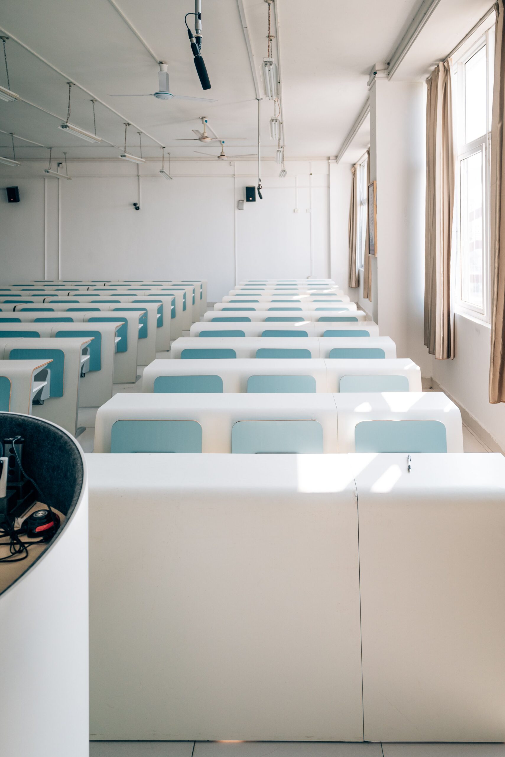 An empty academic lecture hall.