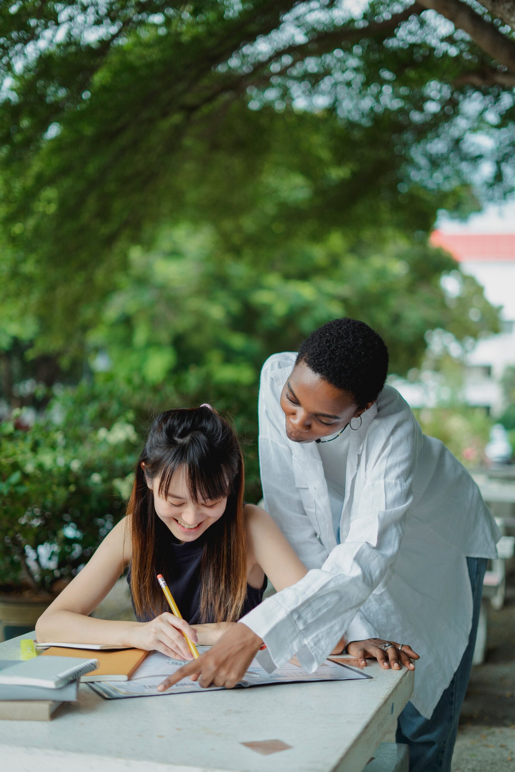 A Diverse Tutor Student Pair Doing Academic Work Outdoors